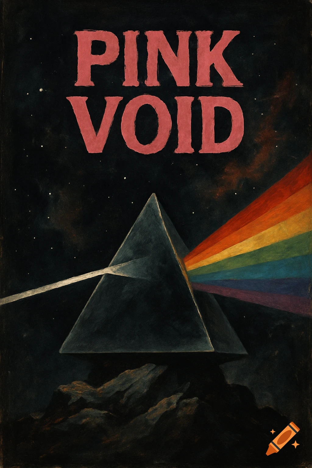 Album cover art featuring a black prism diffracting a beam of light into a rainbow spectrum against a starry sky and rocks below. The title 'PINK VOID' is at the top.