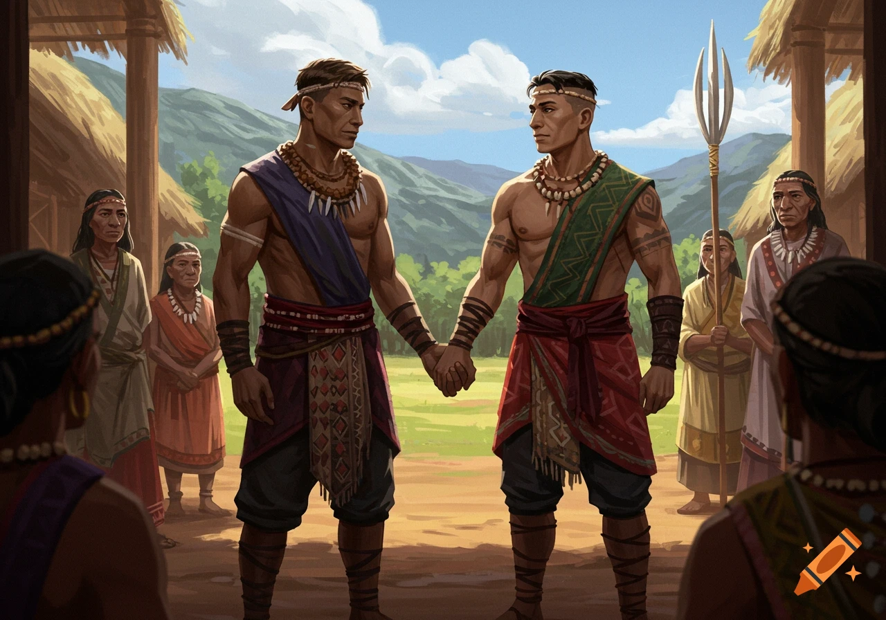 Digital artwork of two men in traditional clothing holding hands, standing before elders in a village.