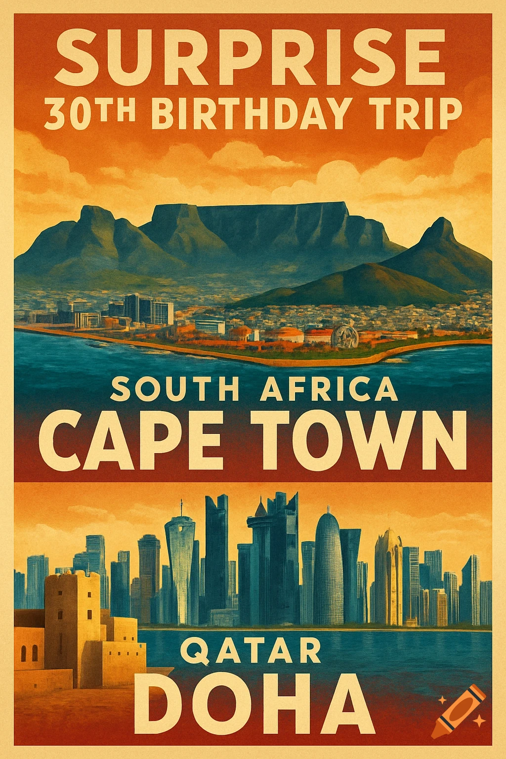 Travel poster for a 30th birthday trip featuring cityscapes of Cape Town and Doha in a vintage style.