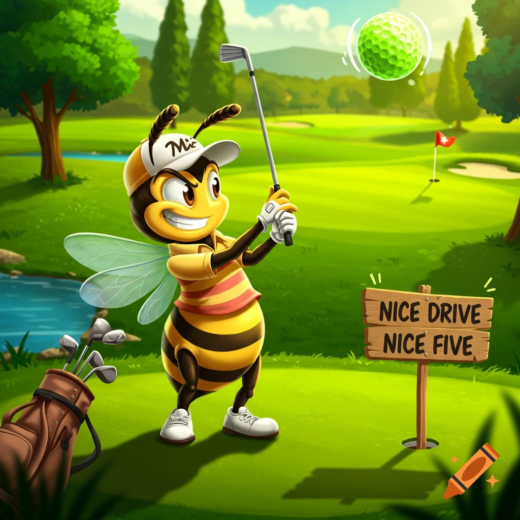 Cartoon bee playing golf on a golf course, hitting a golf ball. on Craiyon