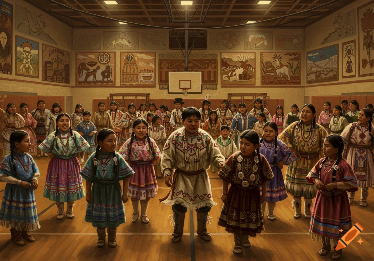 Navajo students in traditional clothing performing cultural dances in a school gymnasium.
