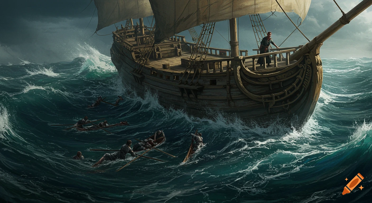 A large wooden ship battles huge waves in a storm, with rowers struggling in the choppy water around it.