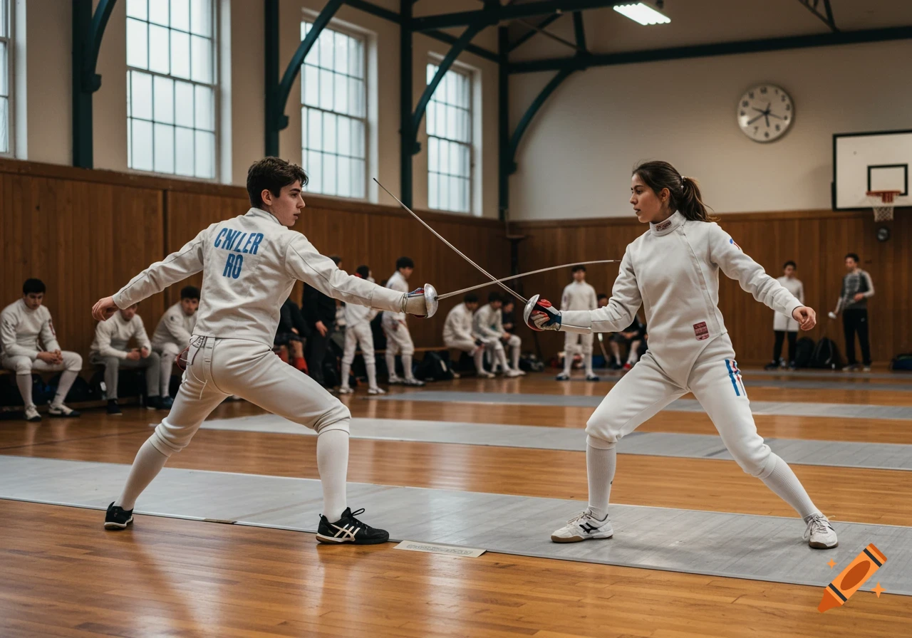 Two fencers in white gear face off with foils in a gym, with spectators in the background.