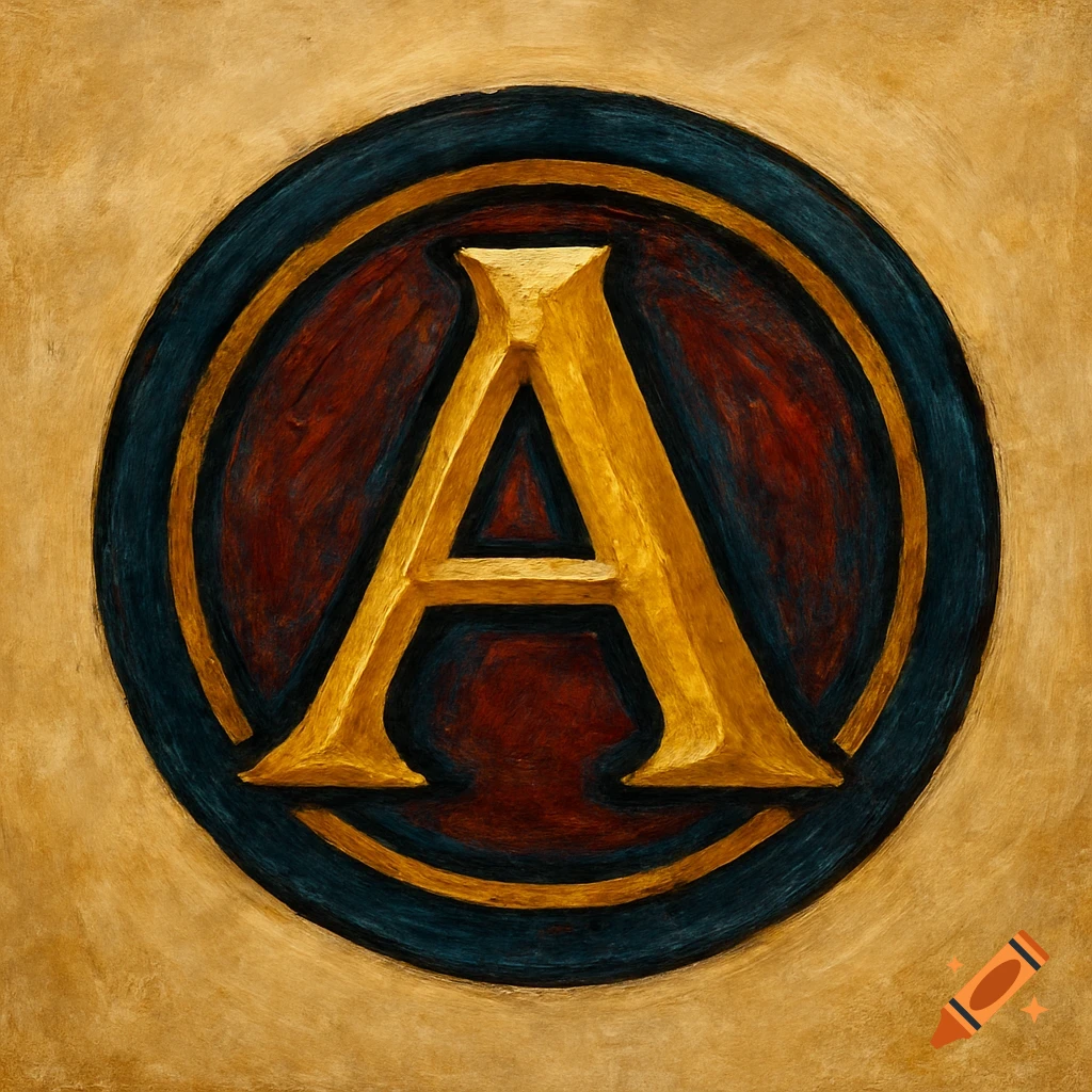 A gold letter A in a painted red and blue circle logo.