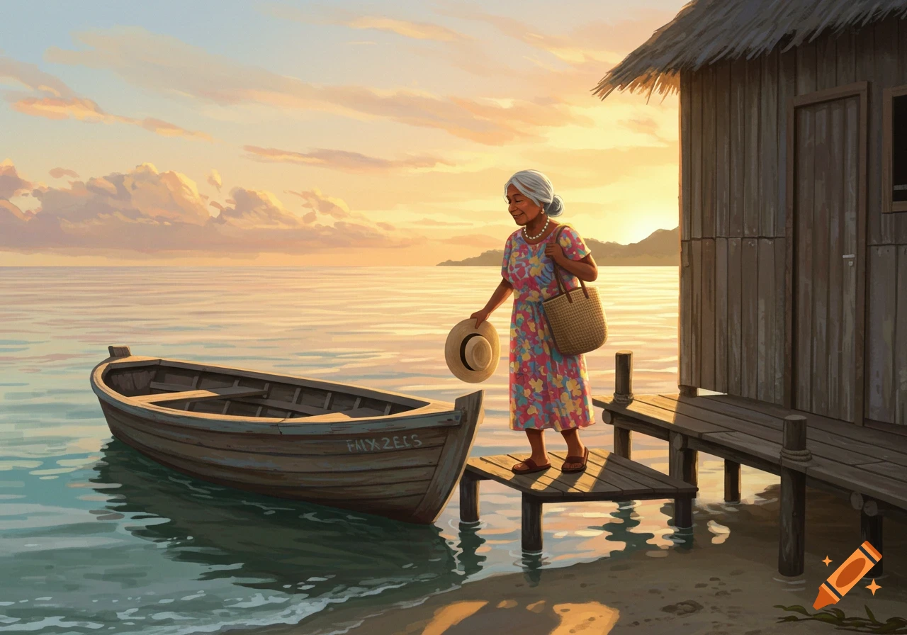 An elderly woman steps from a boat onto a wooden dock beside a house by the sea at sunset.