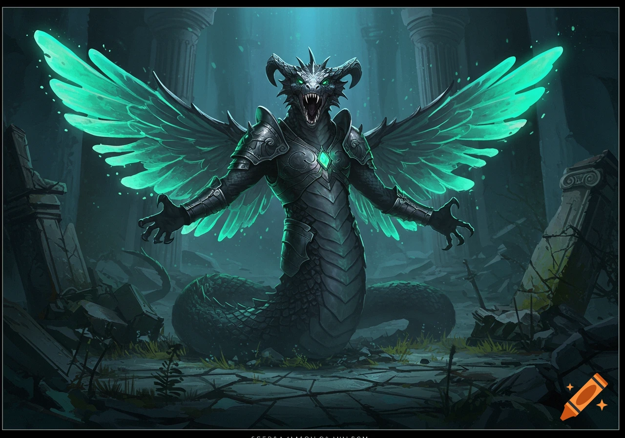 Dark fantasy art of a serpent creature in armor with glowing wings emerging from ruins.