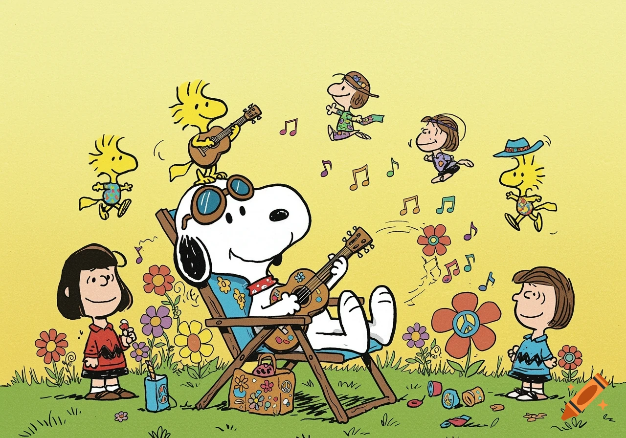 Snoopy plays guitar in a chair surrounded by Woodstock, other Woodstock birds, Lucy, and Linus playing music and dancing in a field of flowers.