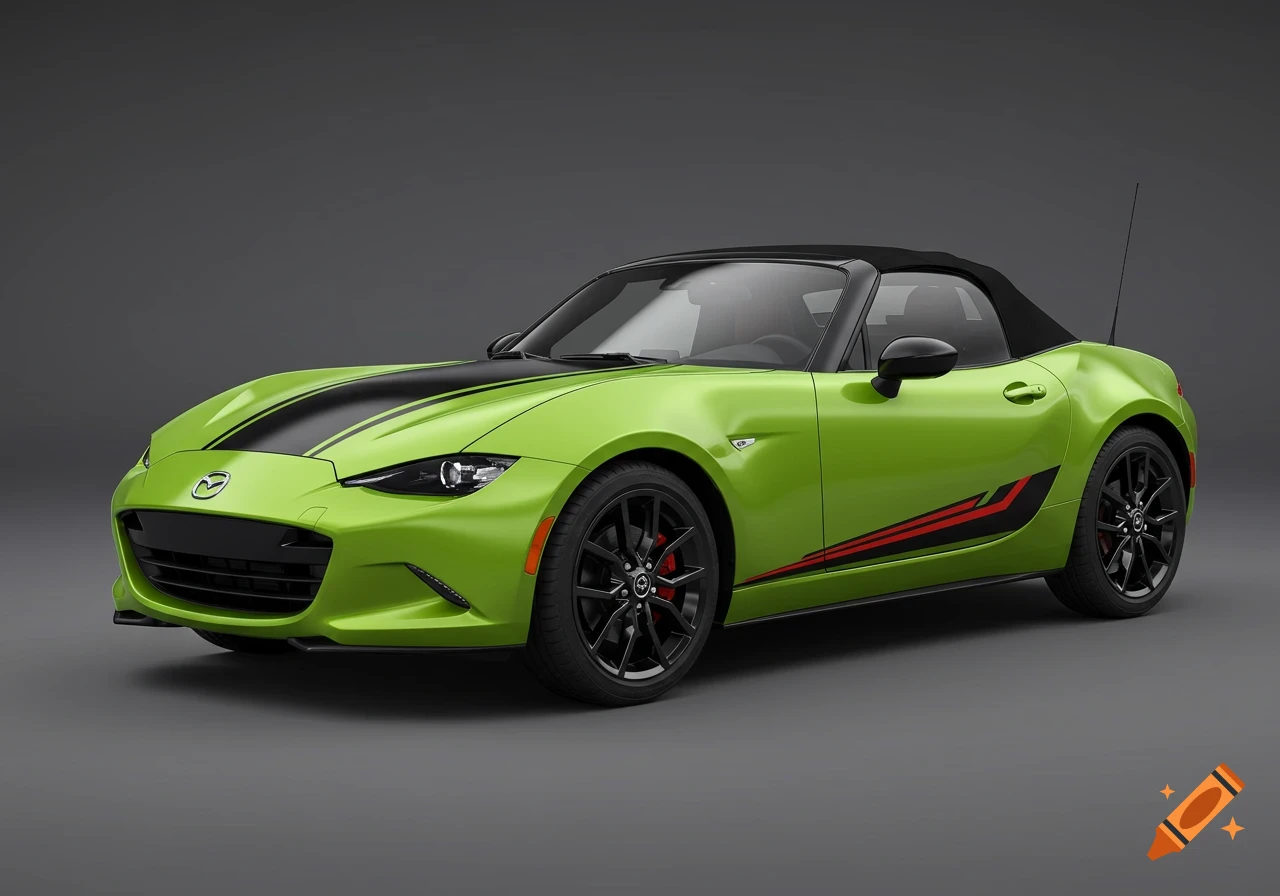 Lime green Mazda Miata convertible with black and red racing stripes
