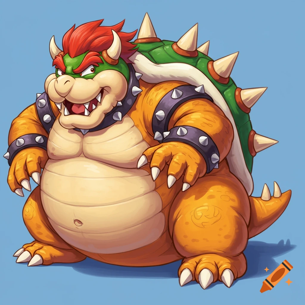 Illustration of a very fat Bowser Koopa with a large belly, against a blue background.