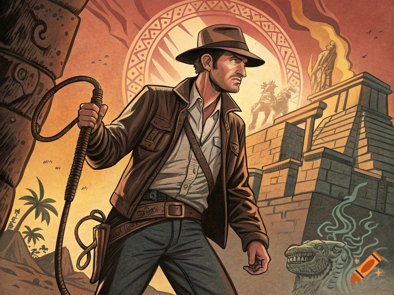 Illustration of Indiana Jones in a brown jacket and fedora holding a whip in front of an ancient temple, in a 1960s comic art style.