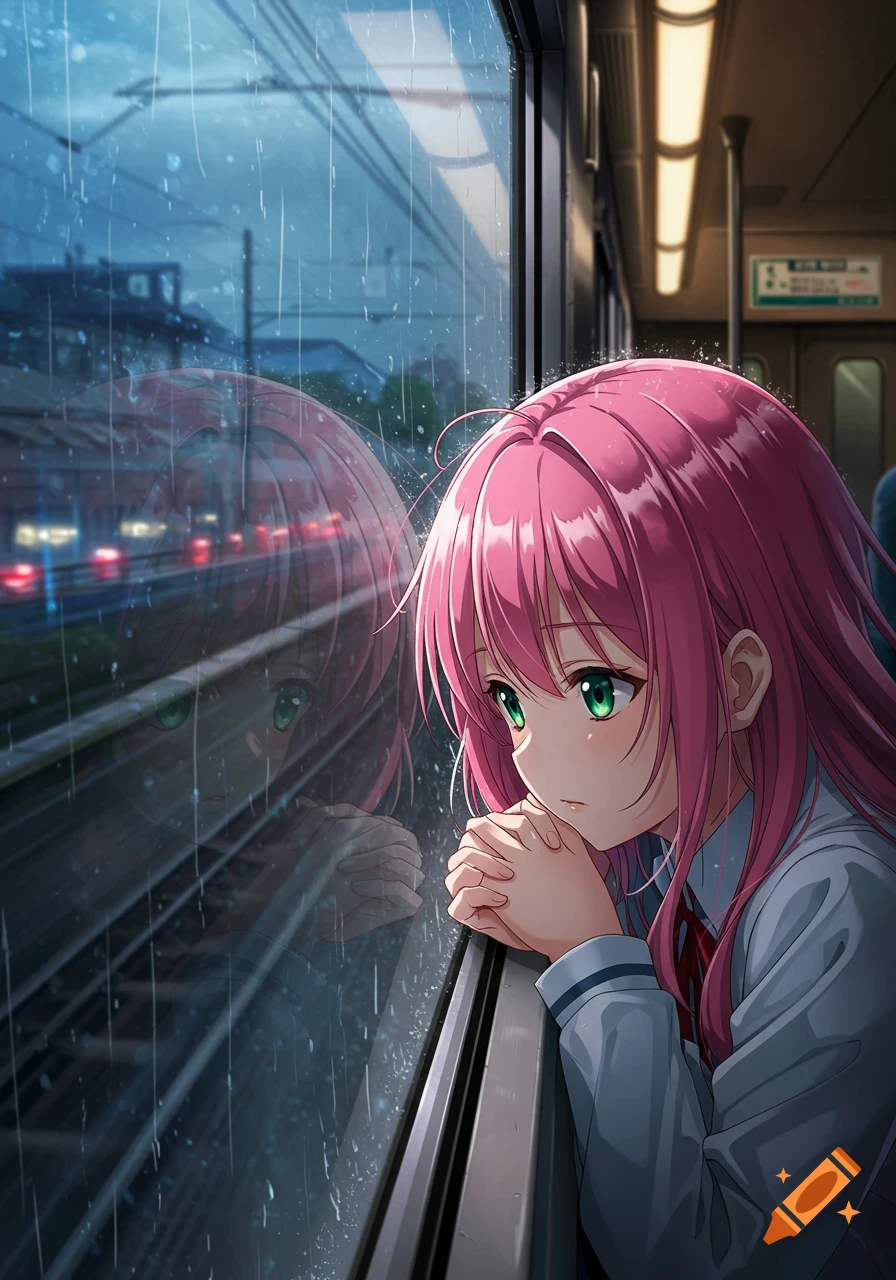 Anime girl with pink hair looking out a rainy train window