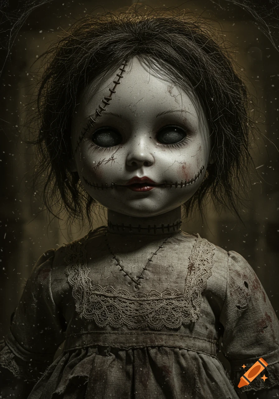 Close-up portrait of a creepy doll with stitches and dark eyes