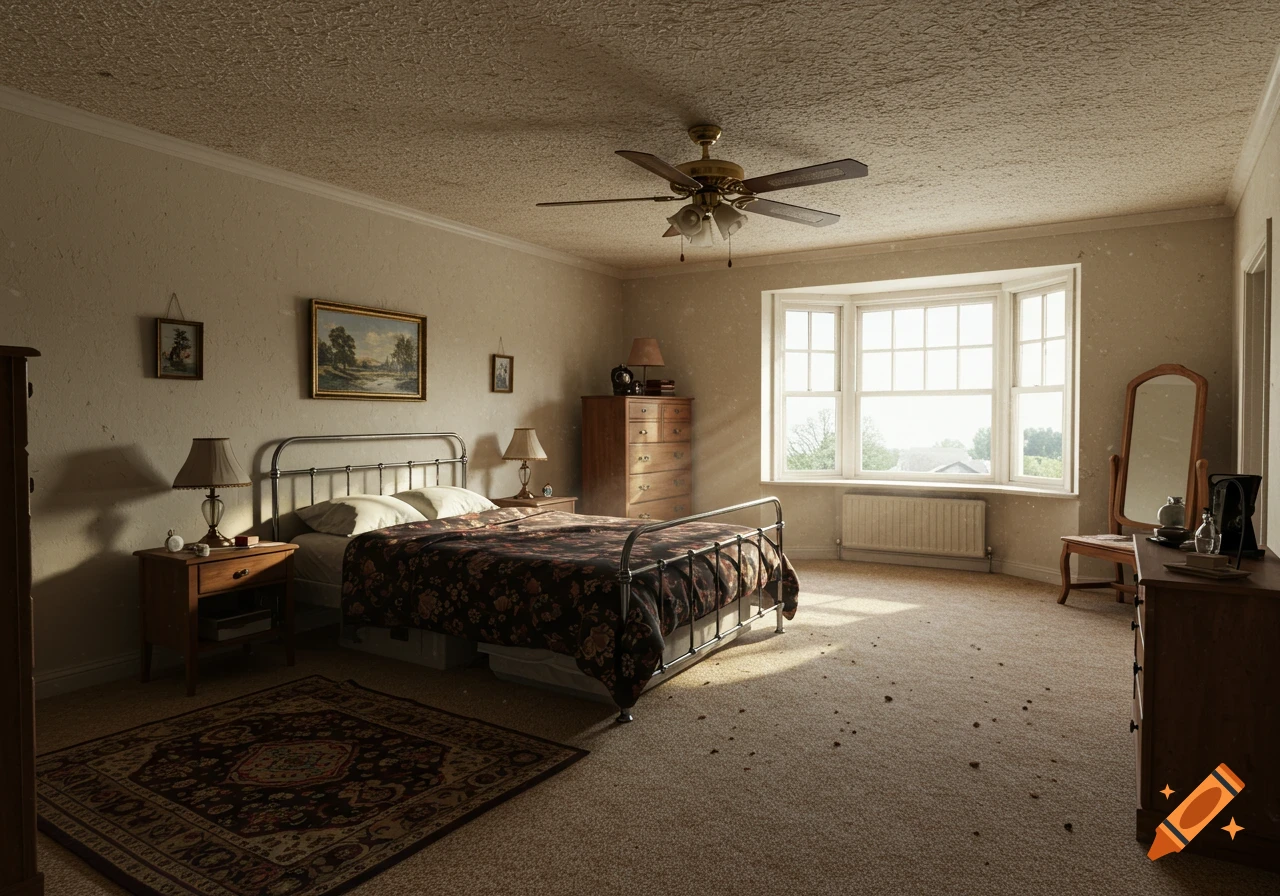 A dusty bedroom with a large window, bed, dresser, and ceiling fan.