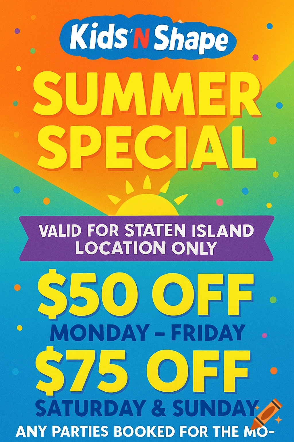 Colorful Kids 'N Shape Summer Special flyer with discounts