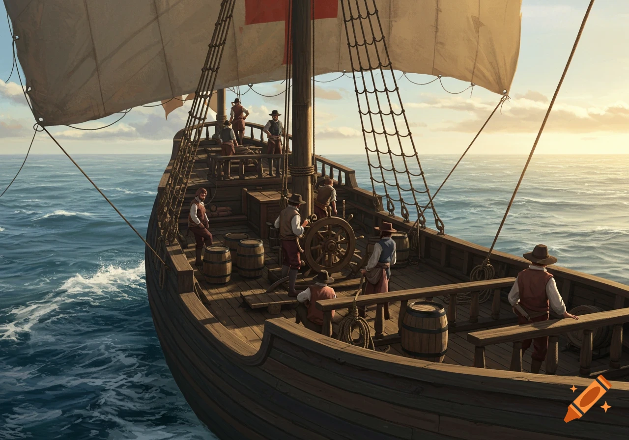 Men on a wooden sailing ship at sea under a sunset sky, illustration.