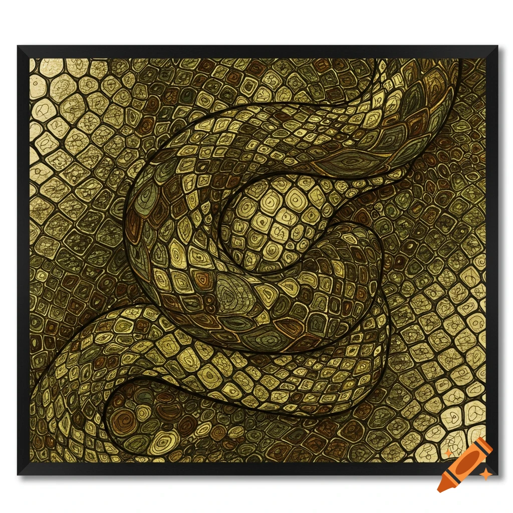 Close-up intricate pattern resembling intertwined snake coils with detailed zentangle scales in earthy green and gold tones.
