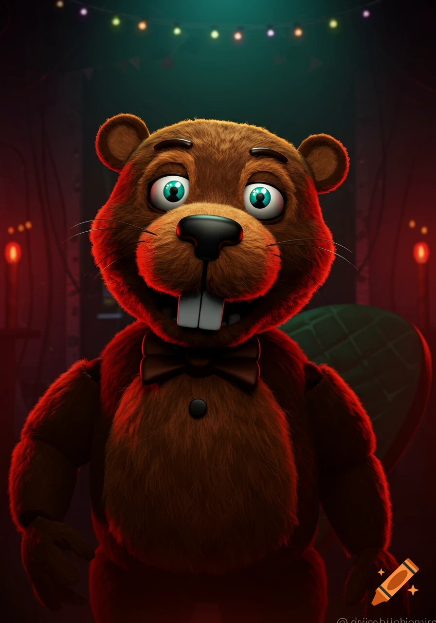 Animatronic beaver character with a bow tie in a dimly lit room.