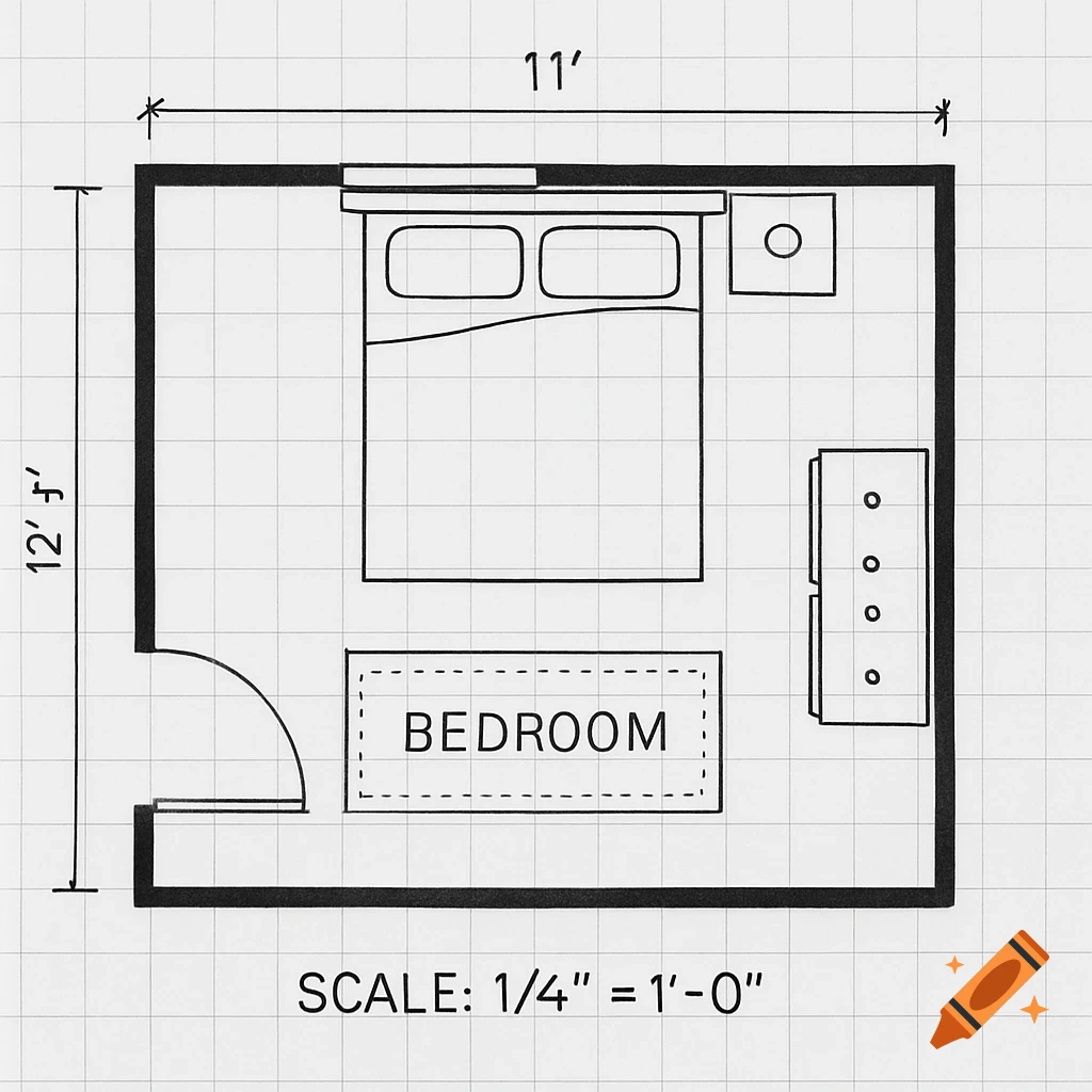 Black and white floor plan drawing of a bedroom.