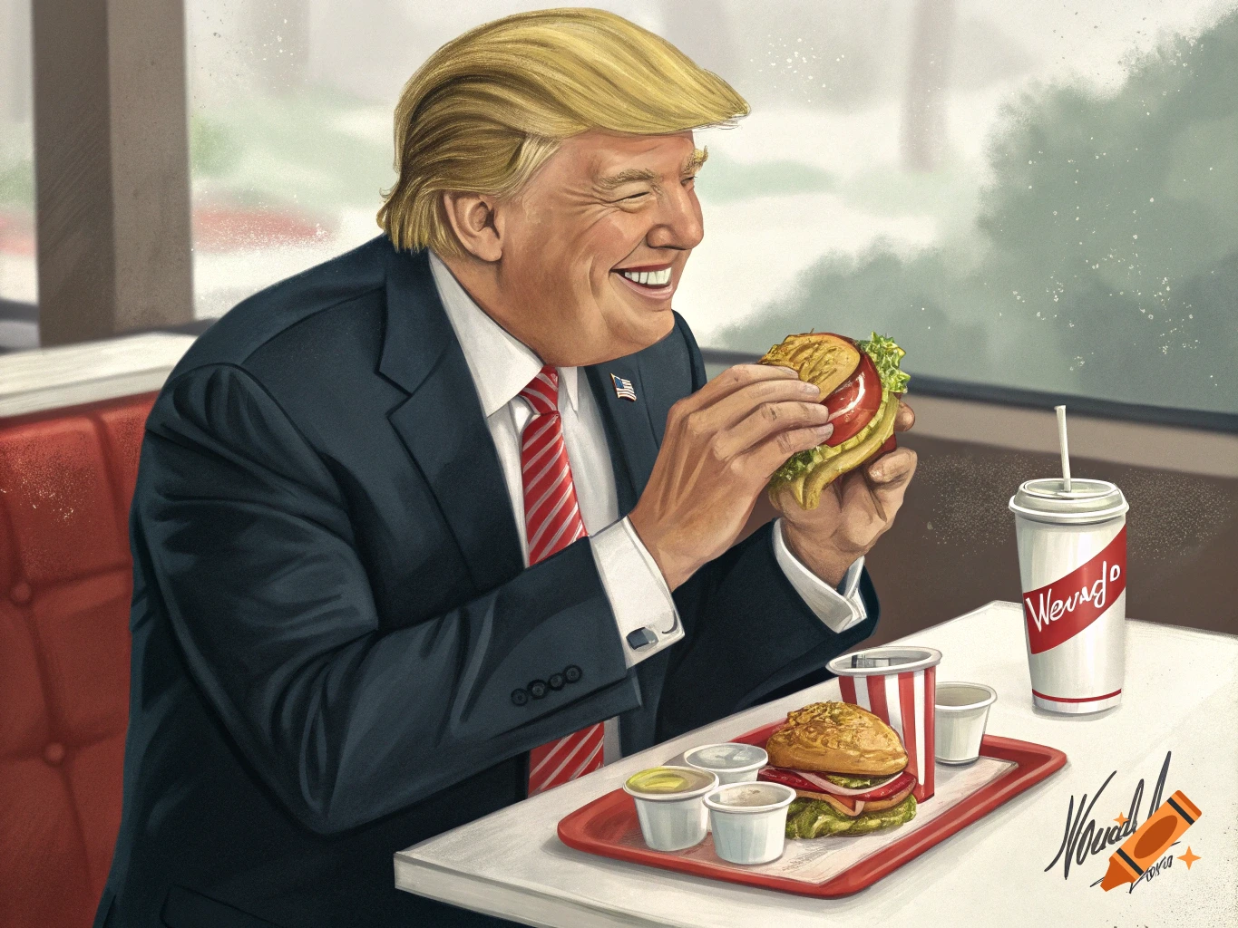Illustration of Donald Trump eating a burger at a diner. on Craiyon