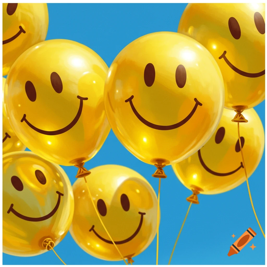 Yellow smiley face balloons floating against a blue sky