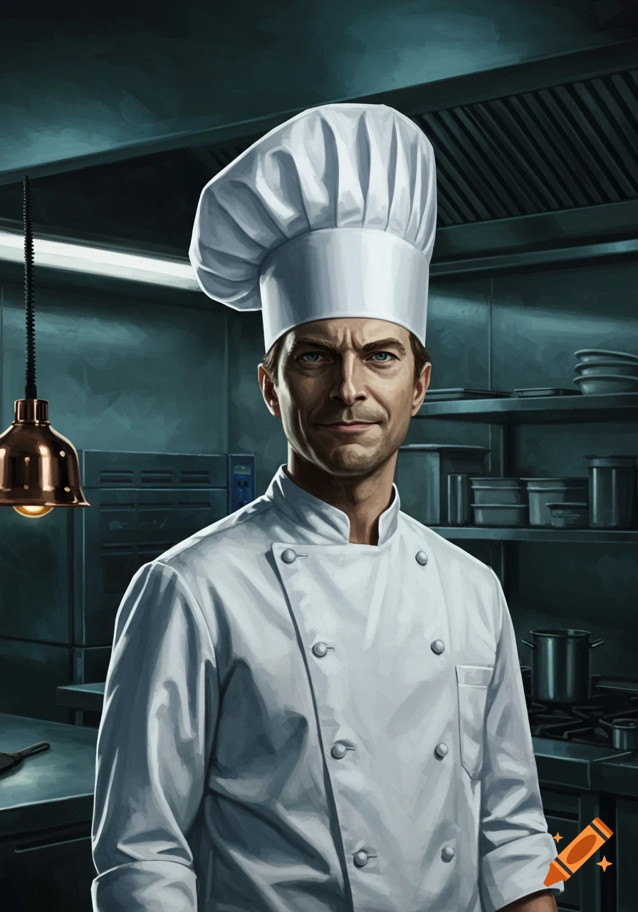 Portrait of a man in a chef's hat and jacket in a kitchen.