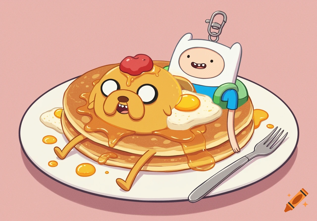 Cartoon illustration of Adventure Time characters Jake as pancakes and Finn as a keychain on a plate with syrup and eggs.