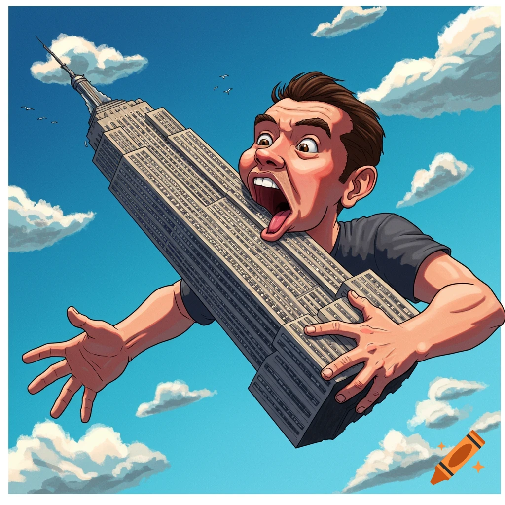 Cartoon caricature of a man trying to swallow the Empire State Building.