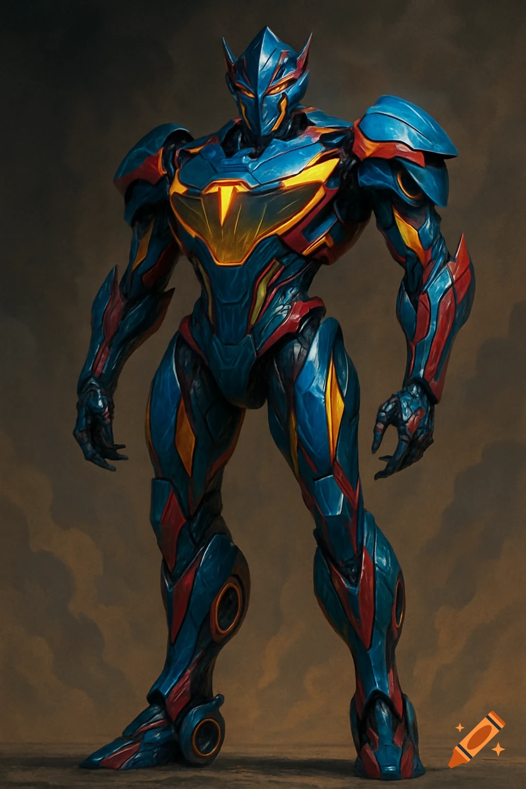 Full body view of a detailed humanoid robot/mecha in blue, red, and yellow armor.