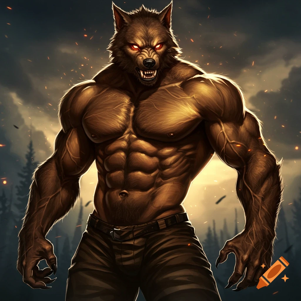 A muscular brown werewolf with glowing red eyes stands showing his six-pack abs in a forest setting. Digital art.