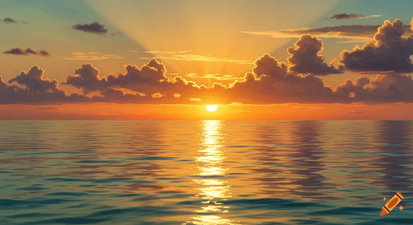 Stylized sunrise over ocean with clouds