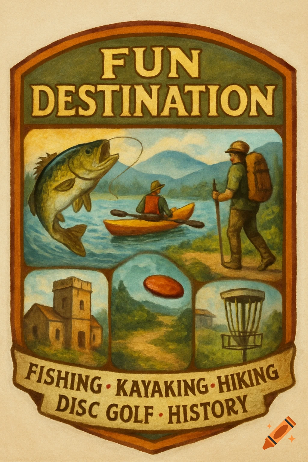 Illustration logo for a destination showing fishing, kayaking, hiking, historic building, and disc golf.