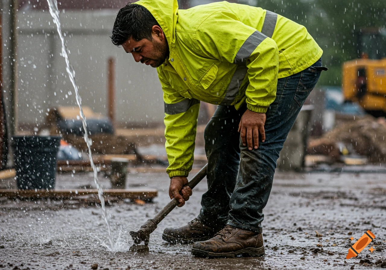 Construction worker clears water in the rain at a muddy site, photorealistic.