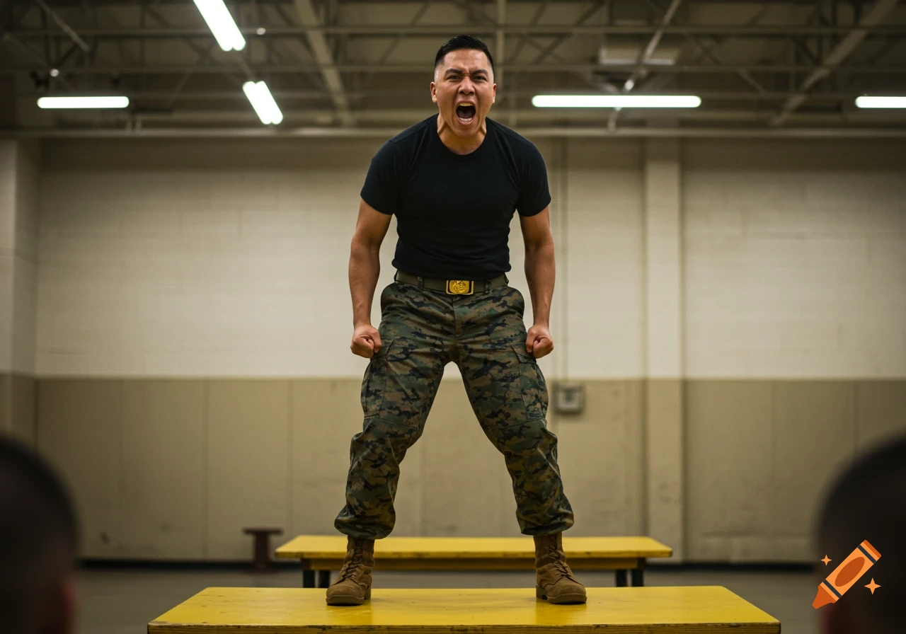 A military drill instructor in uniform stands on a yellow platform, screaming