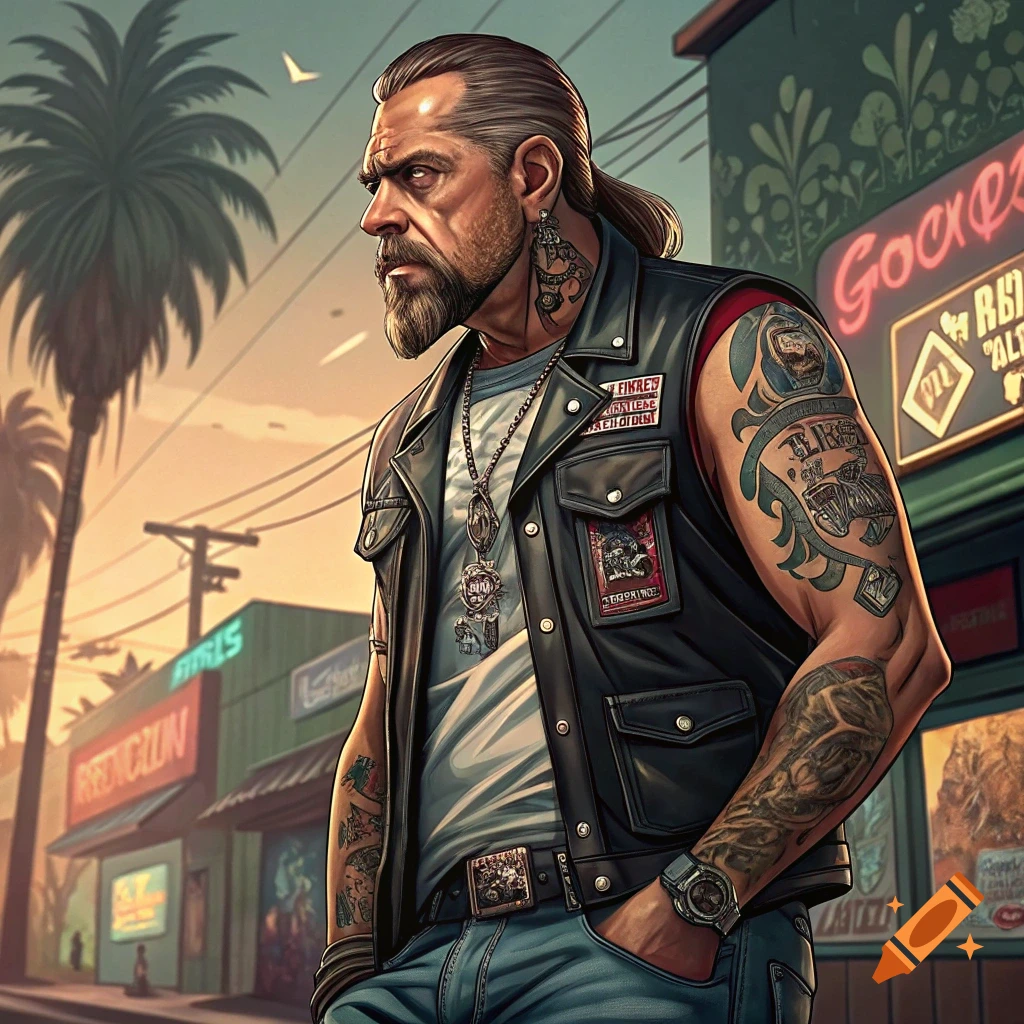 A rugged man with a beard and tattoos wears a leather vest in a city street, in a style resembling GTA 5 artwork.
