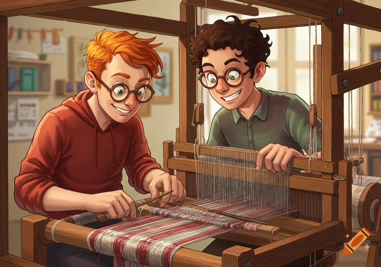 Two young boys with glasses working together at a wooden weaving loom, illustration