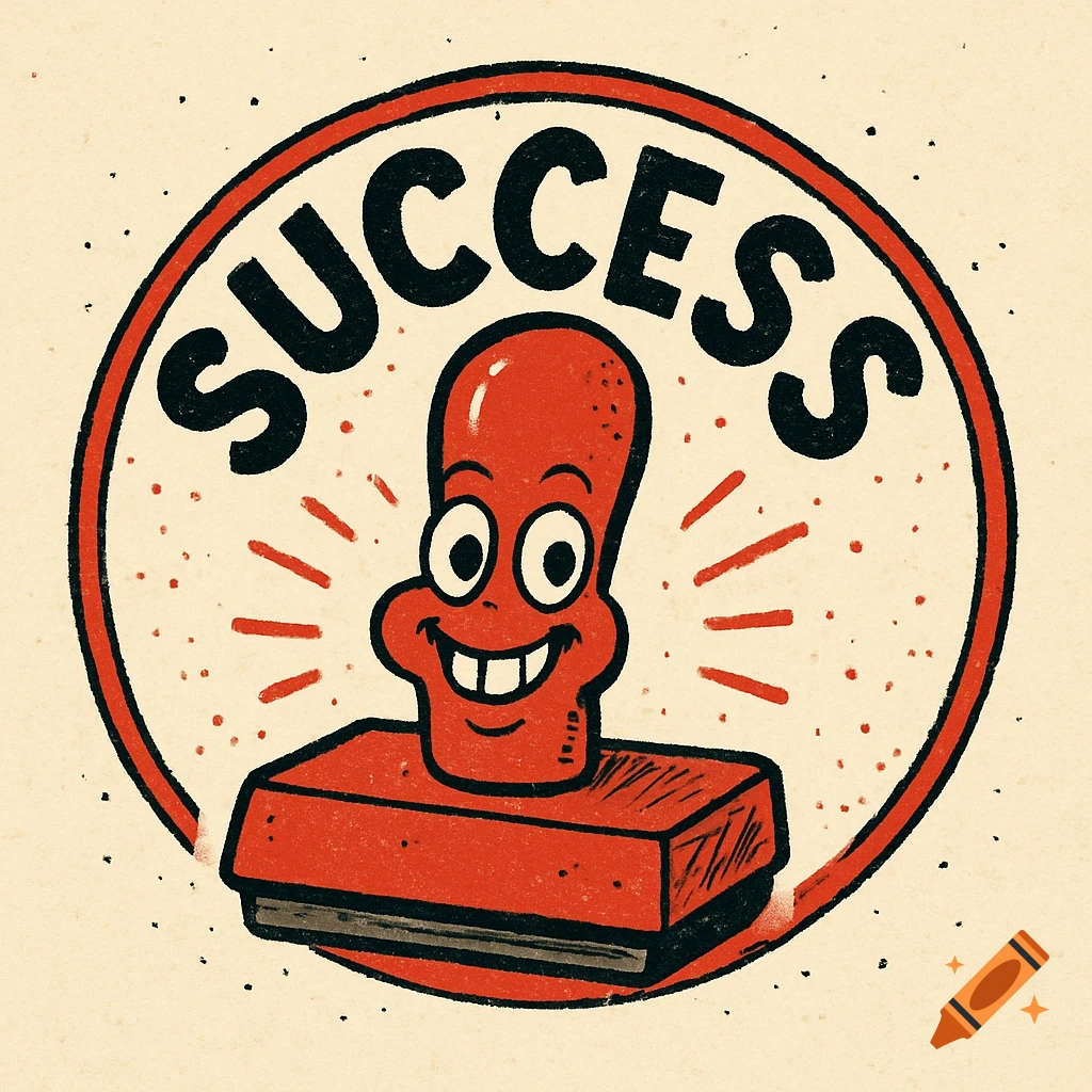 Cartoon illustration of a smiling red character on a stamp base with SUCCESS text in a circle.