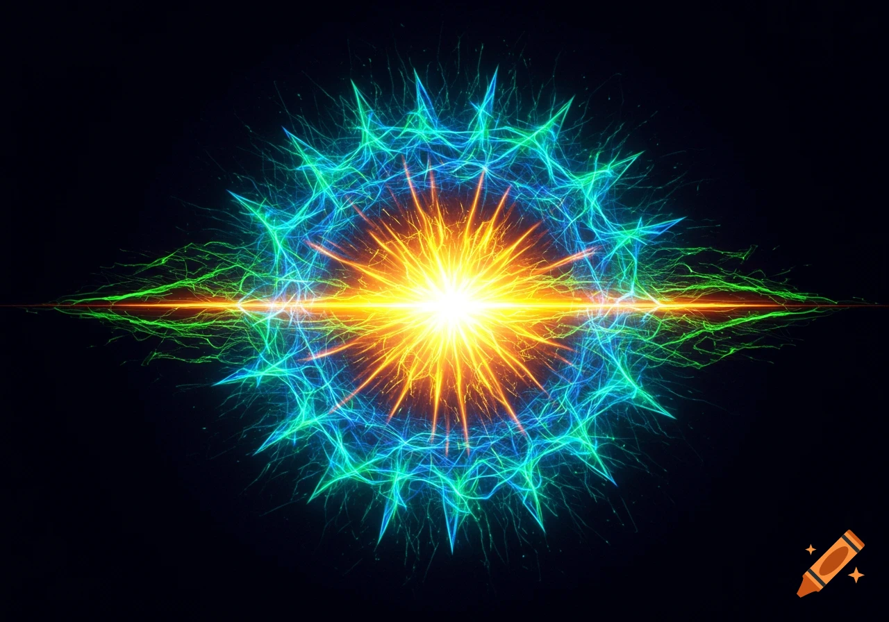 Abstract energy burst with a bright yellow core and blue and green tendrils on a dark background.