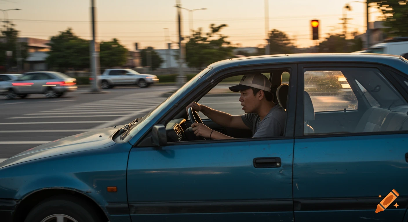 A man drives a blue car, looking forward. The background shows motion-blurred traffic and a traffic light.