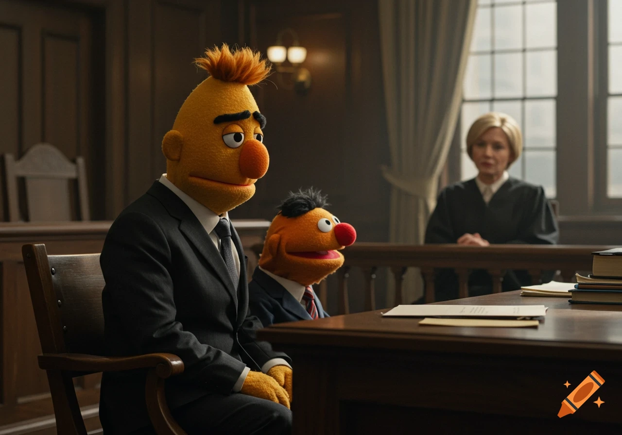 Bert and Ernie, wearing suits, sit in a courtroom.