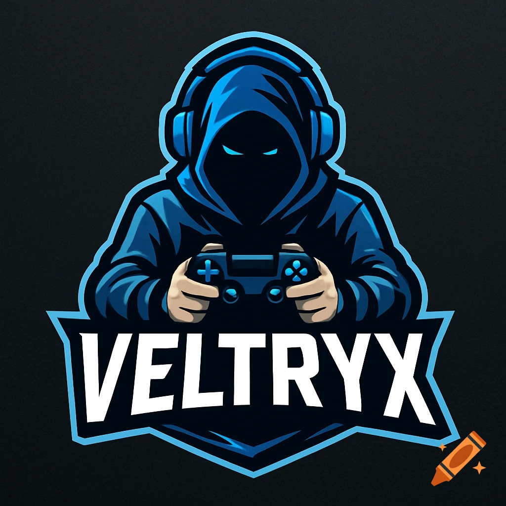 Stylized gaming logo of a hooded figure in blue holding a controller, with the name VELTRYX below.