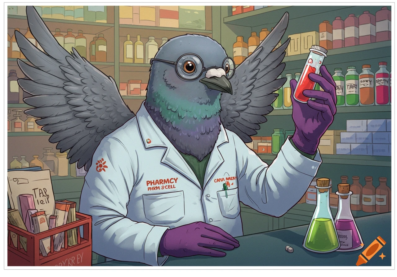 A cartoon pigeon wearing glasses and a lab coat works as a pharmacist, holding up a test tube.