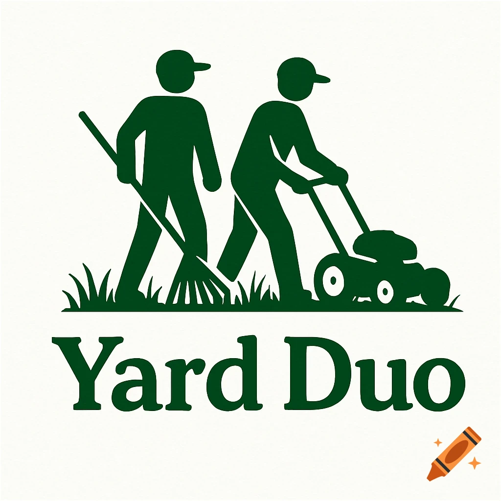A green logo for Yard Duo showing two figures, one with a rake and one with a lawnmower, on a white background.
