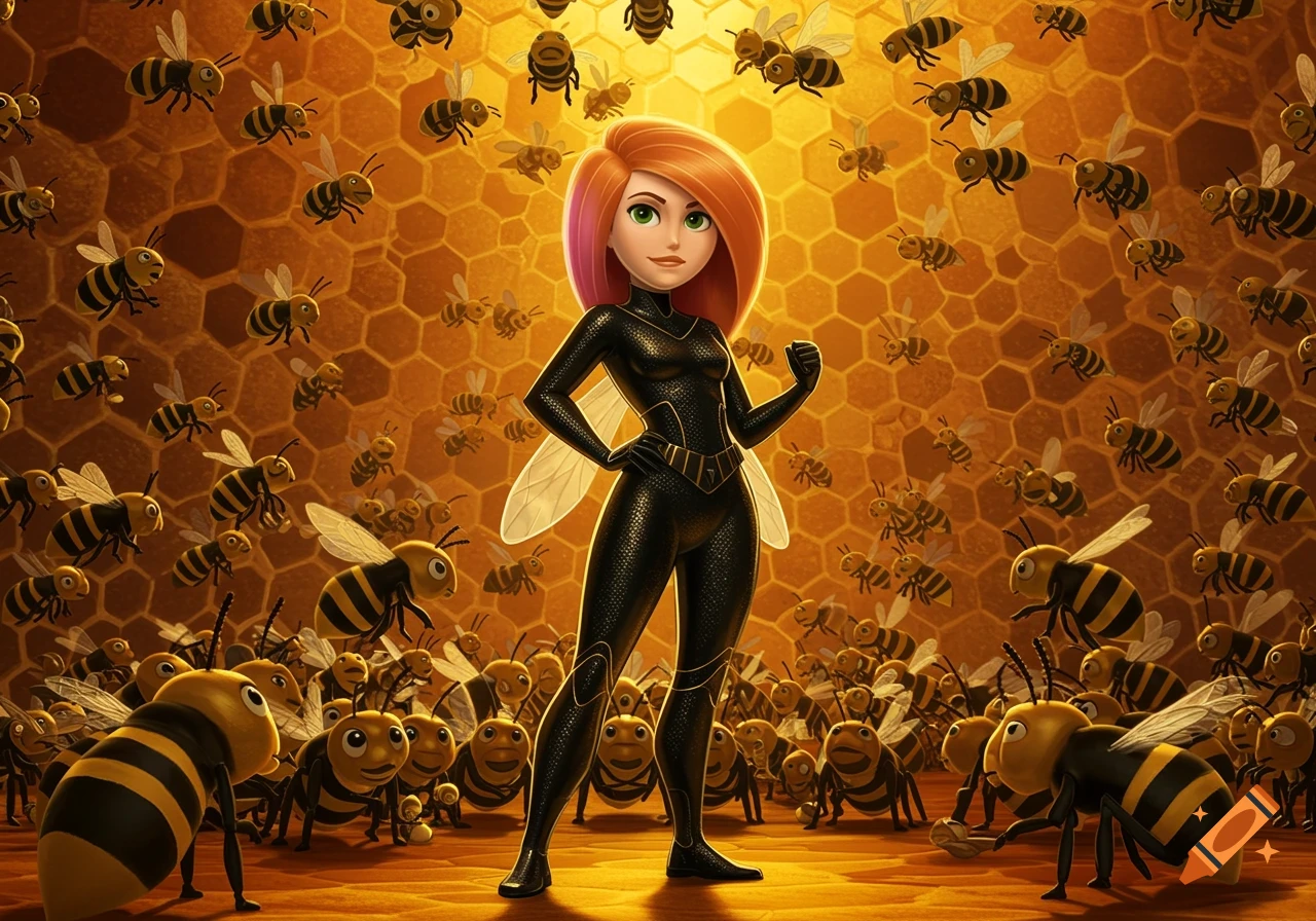Cartoon character in a bee suit standing in a hive surrounded by animated bees.