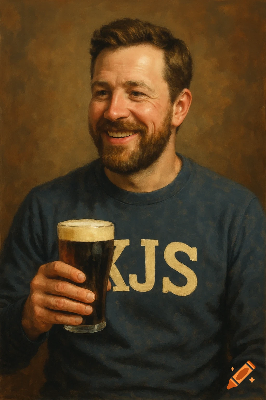 Oil painting portrait of a smiling man holding a pint of beer.