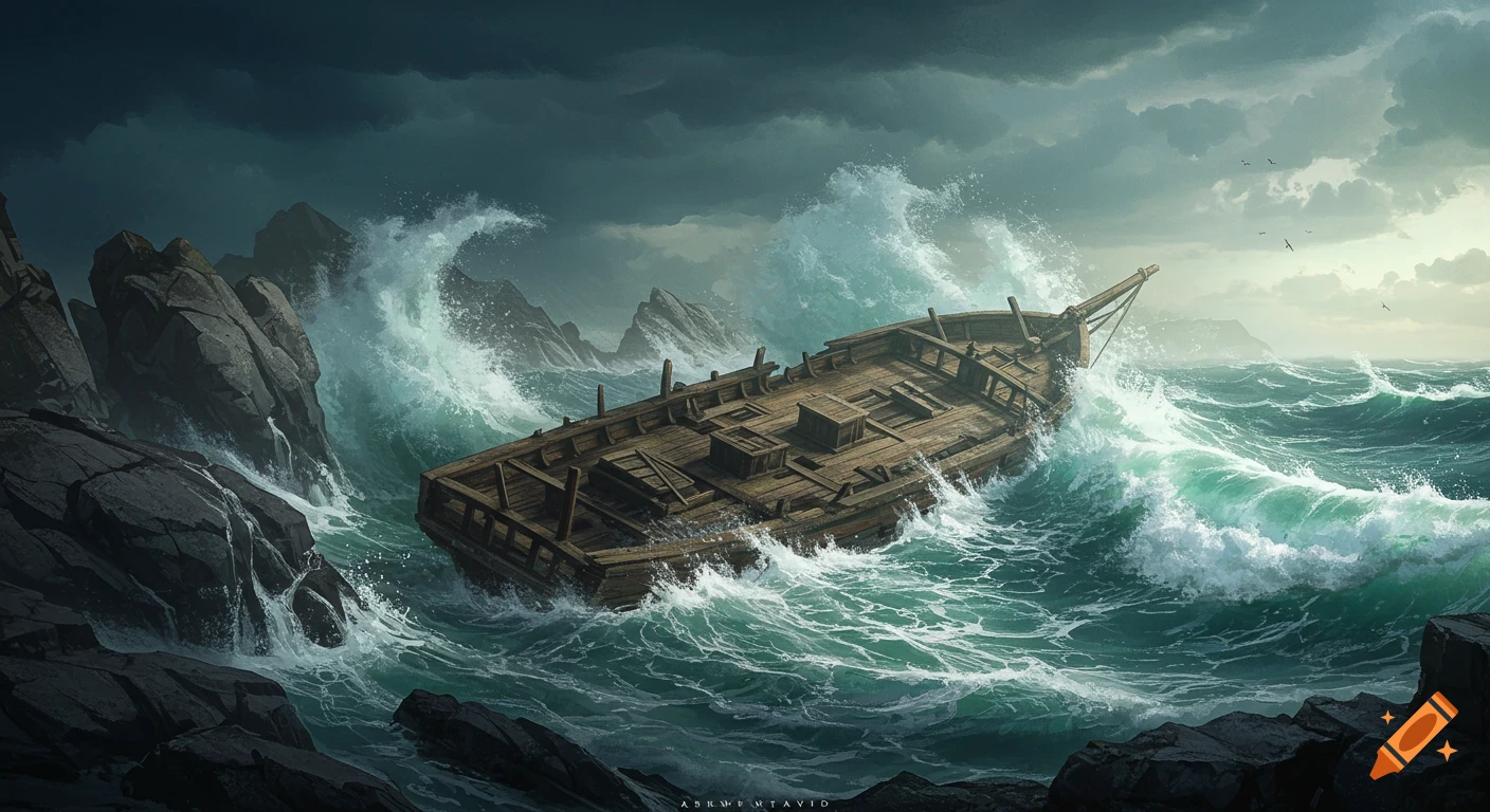 A wooden shipwreck is tossed by large waves near rocky cliffs during a storm, in an oil painting style.