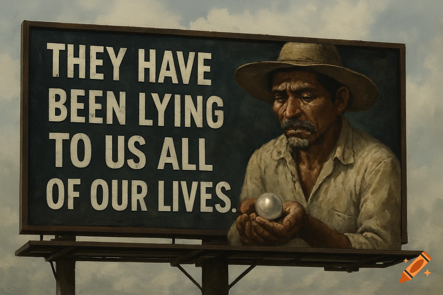 A man in a hat holding a pearl next to a billboard that reads 'They have been lying to us all of our lives.' in a painterly style.