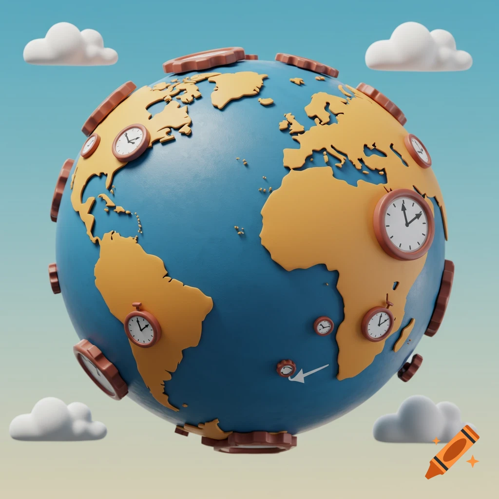 A cartoon-style globe is studded with clocks and gears, floating in a sky with clouds.