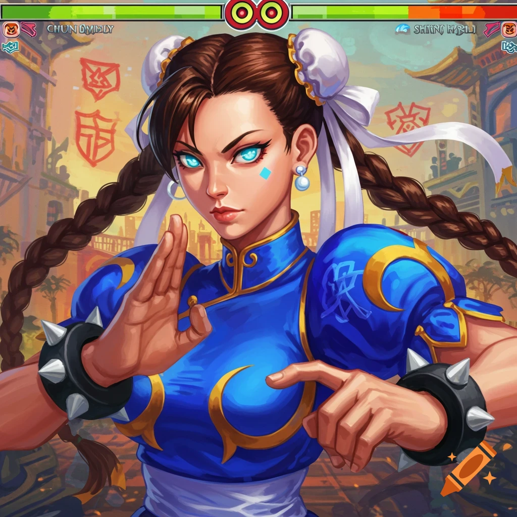 Illustration of a female fighter in a blue dress with braids, in a fighting game style with UI elements