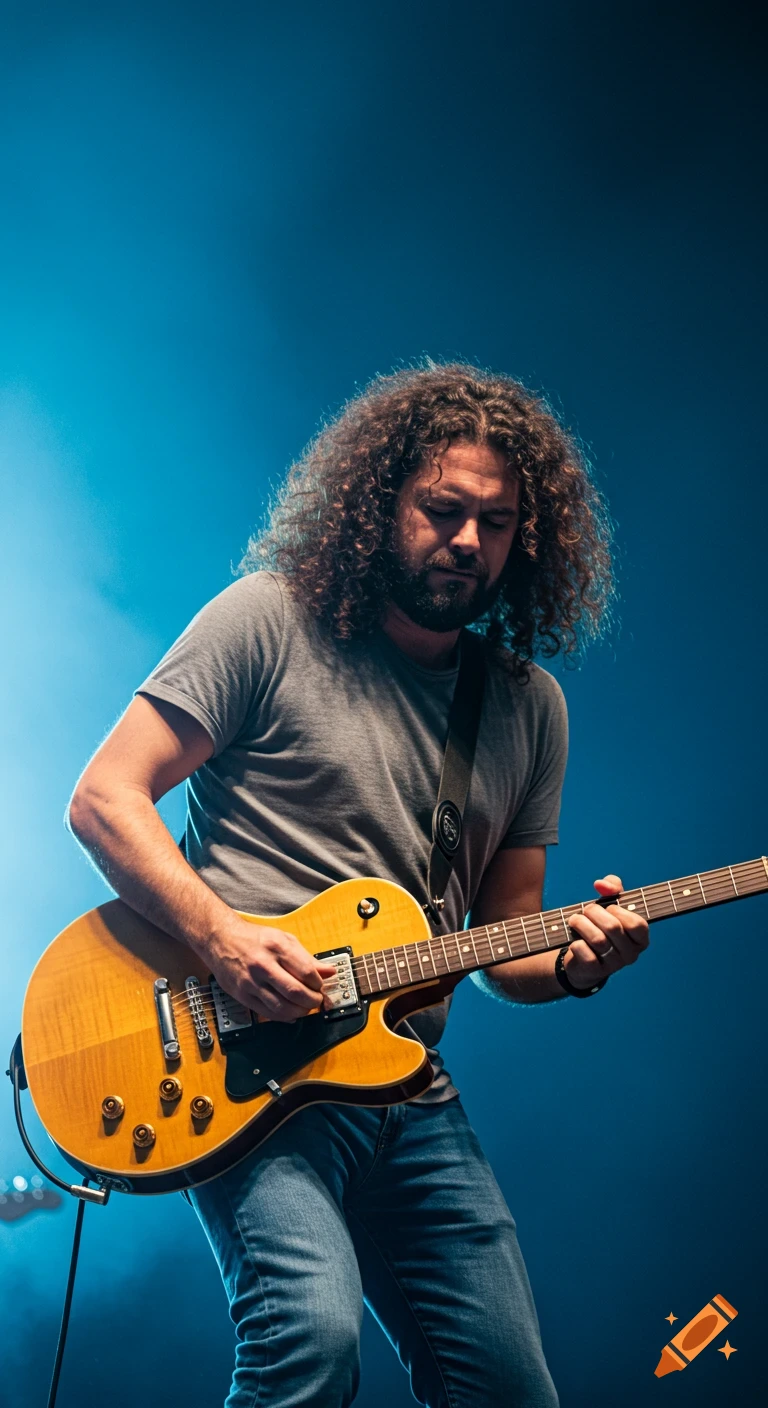 A man with curly hair and beard plays an electric guitar on stage under blue lighting.