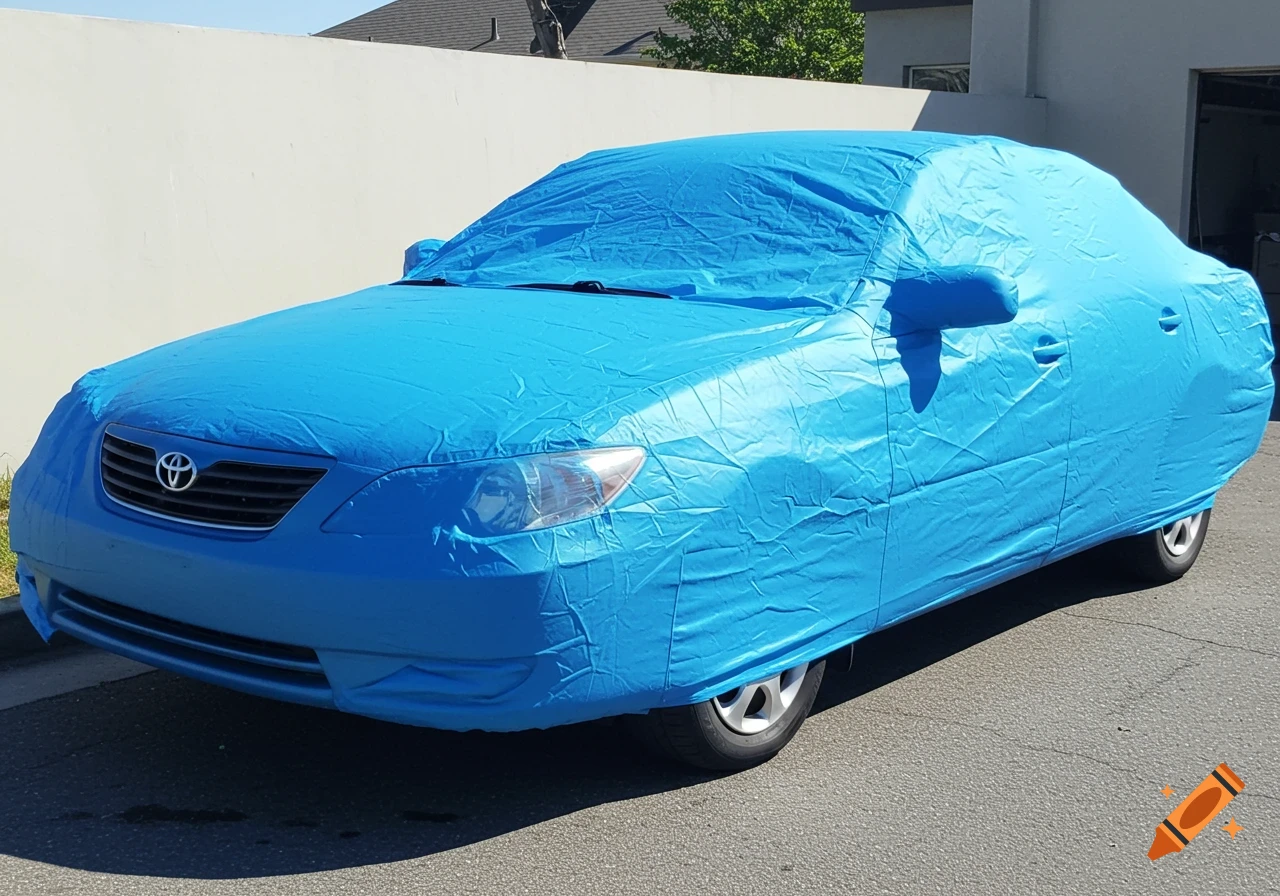 A blue material covers a Toyota Camry.